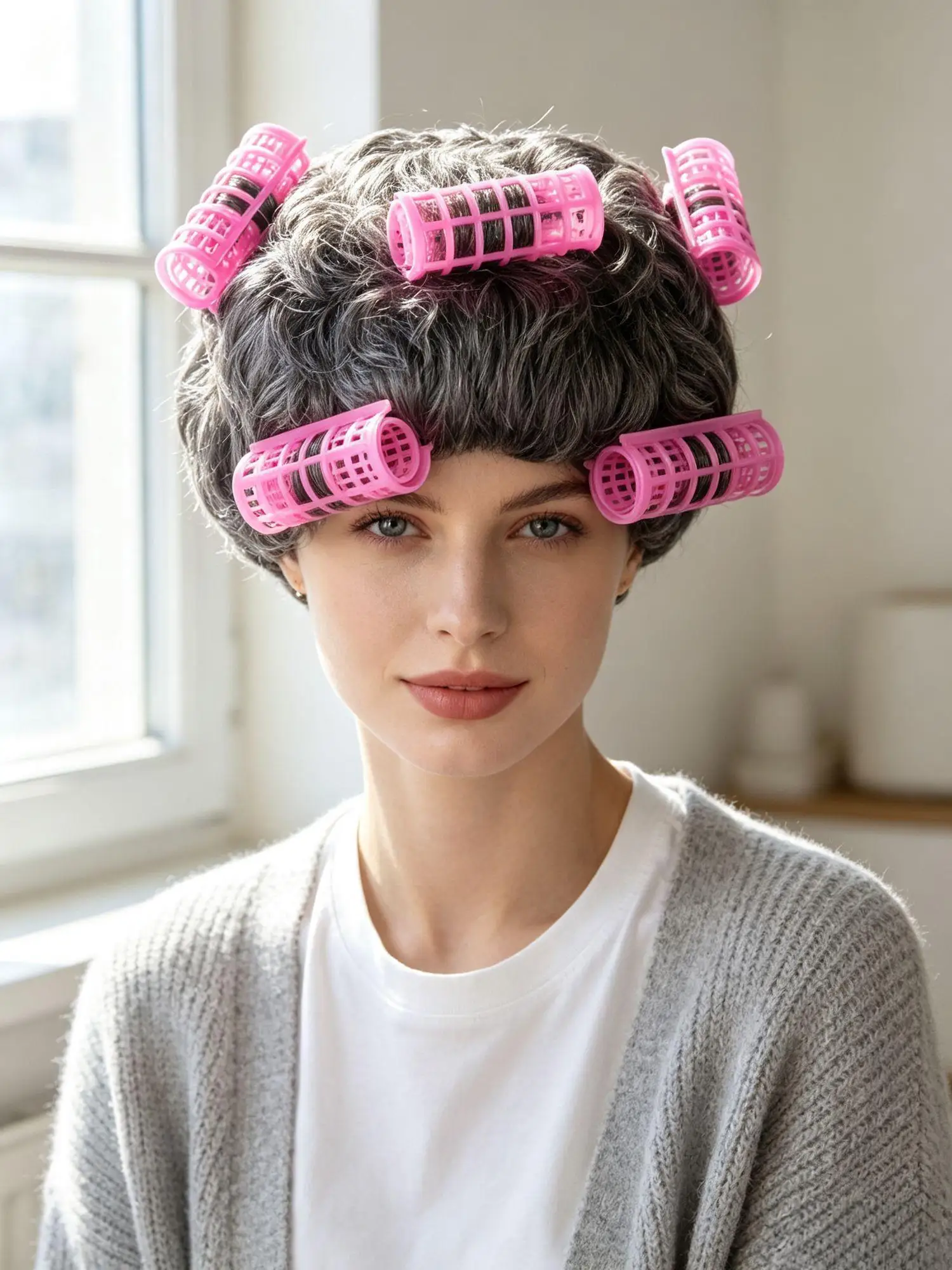 Grey Black Mixed Synthetic Short Fluffy Curly Wig Pink Curlers Grandma Cosplay Halloween Party Costume Role Play