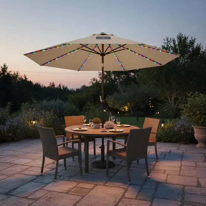 

10 Feet Solar Patio Umbrella with 96 Multi-Colored Flowing LED Lights and Tilt Adjustment-Beige