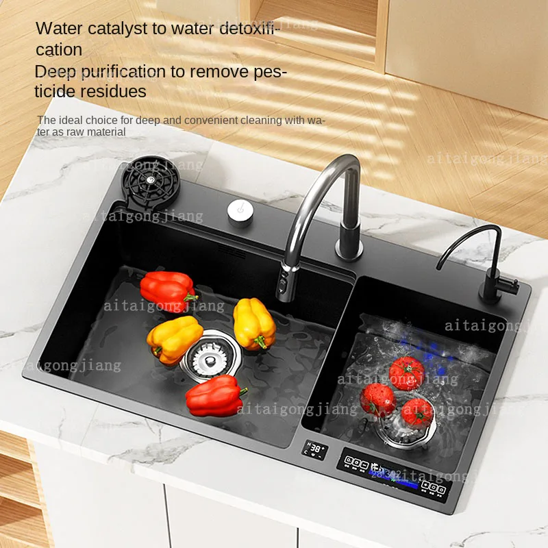 Honeycomb Drainage Left Right Digital Display Kitchen Sink Fly Rain Waterfall Large Single Sink 304 Stainless Steel Household