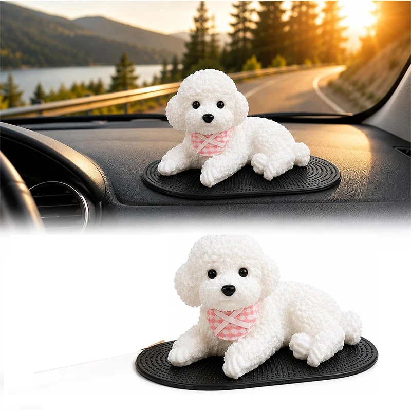 Realistic Teddy Puppy Figurine Silicone Dog Dashboard Decoration Cute Dog Ornament with Anti Slip Mat Car Dog Lover Gift Decor