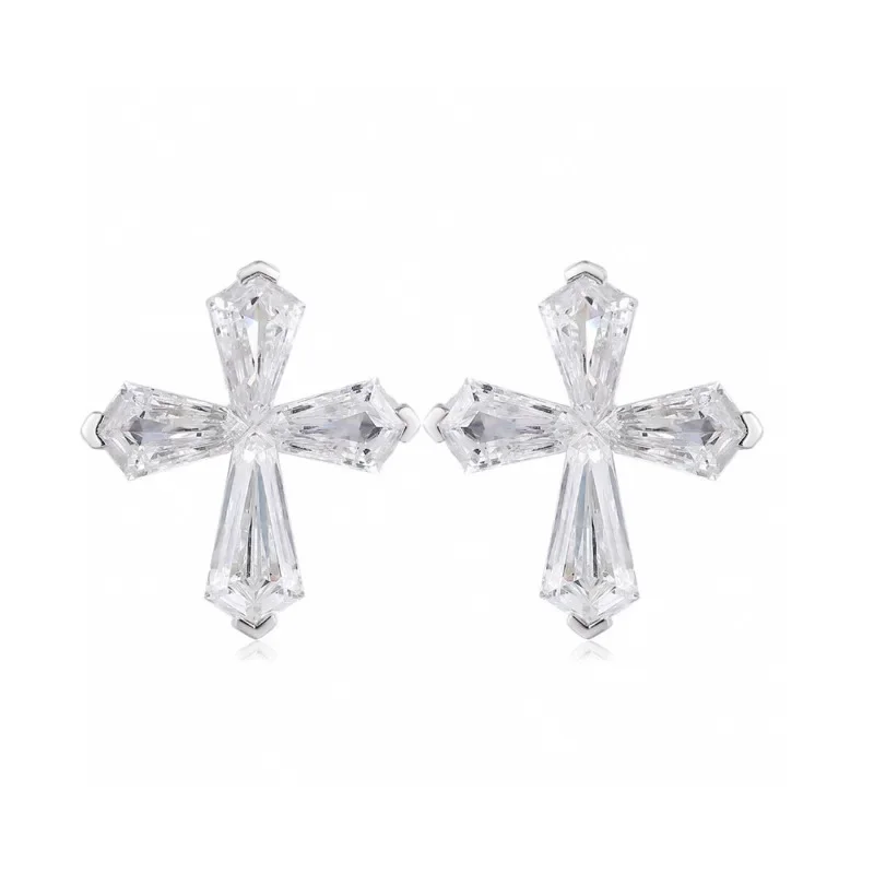 Ruihe 2024 New Elegant Cross 9k White Gold Simulated Diamond Cubic Zirconia White Gemstone for Women Men Gifts Earrings