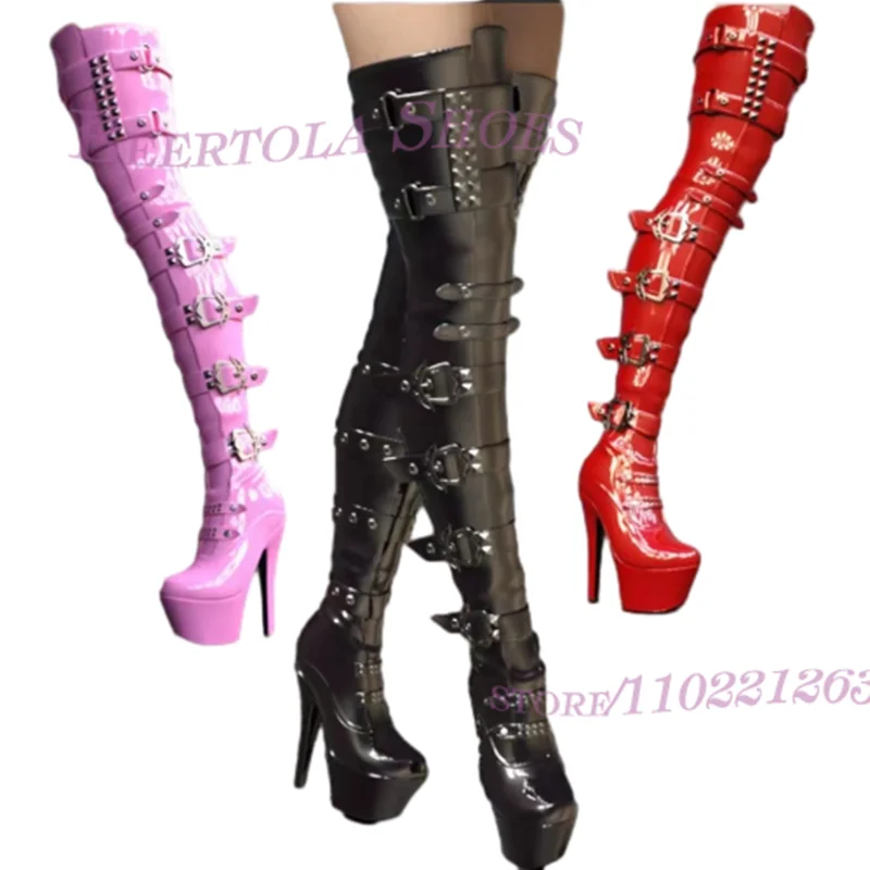 Black Belt Buckle Thigh High Boots Platform Cool Hot Chick Women Pink Stiletto Red Sexy Pole Dance Rivet Glitterati Booties Shoe