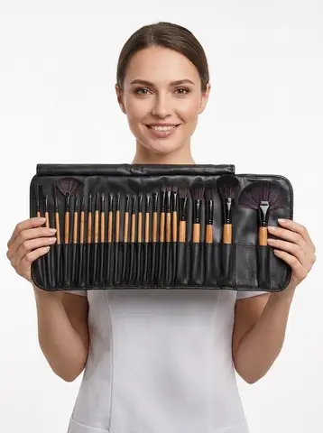 32Pcs Professional Makeup Brush Set Wooden Handle Cosmetic Brushes Foundation Eyeshadow Blush Brush with PU Storage Bag