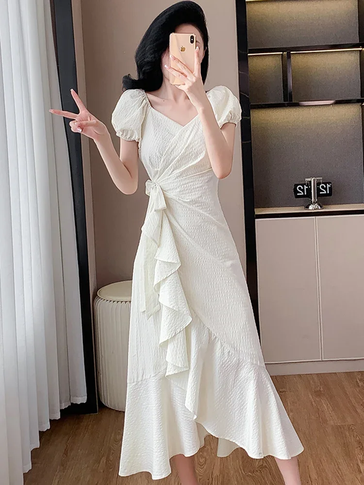 Women Elegant Bow Bandage Long Dress Summer White Bodycon Chic Ruffled Slit Long Dress 2024 Korean Fashion Luxury Evening Dress