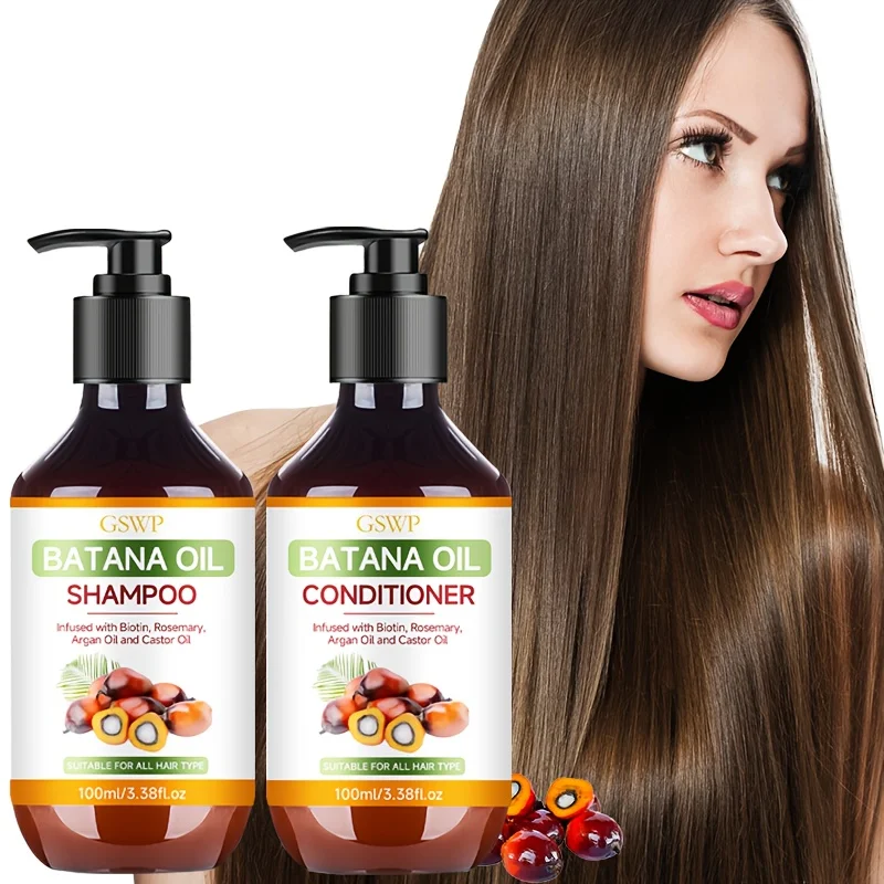 Champú y Acondicionador GSWP Batana Oil, enriquecido con aceite de argán y aceite de romero. Hidrata profundamente mientras limpia suavemente.