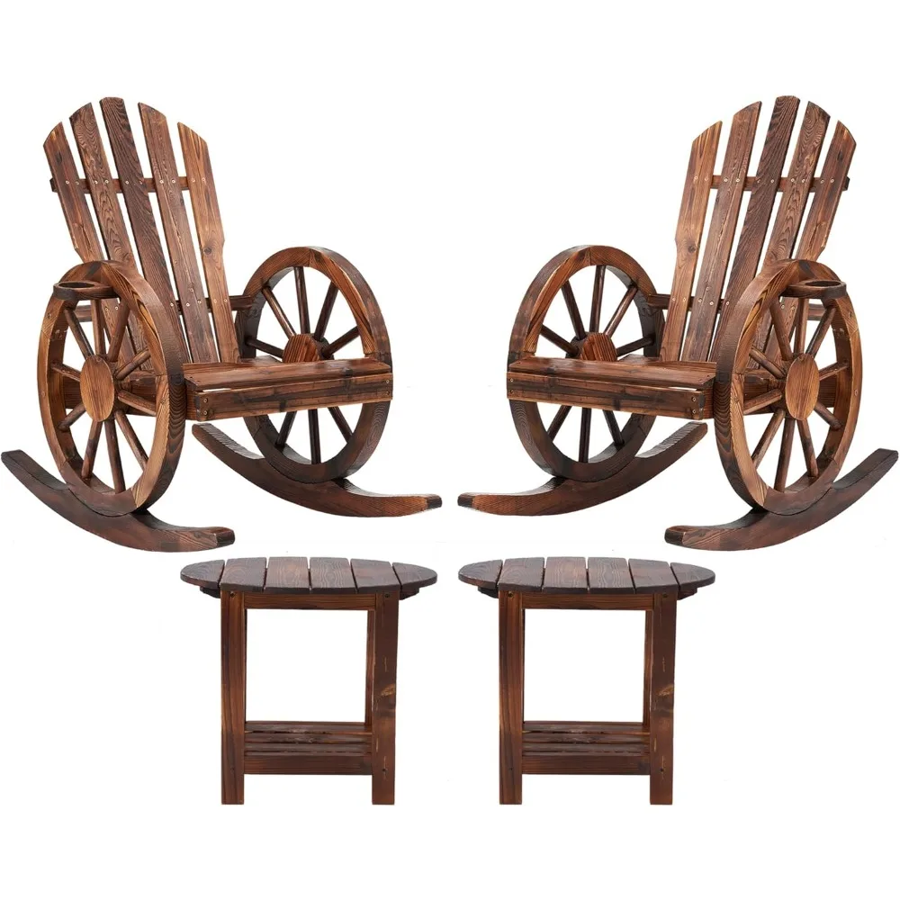 

Outdoor Wooden Rocking Chairs Set, Wagon Wheel Armrest Yard Glider Patio Chair with Small Table for Coffee Break, Adirondack Ro