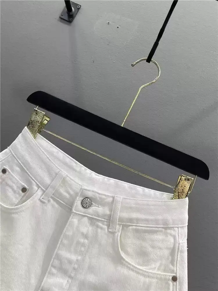 하이웨이스트 A라인 청바지 여성용 자수 화이트 데님 여름 신상 슬림핏 와이드 레그 핫팬츠