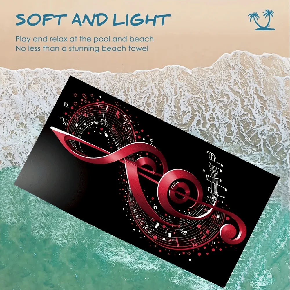 Oversized Microfiber Beach Towel Music Note Treble Clef Design with Red/White/Black Musical Notes Quick-Dry Sand-Free view 2