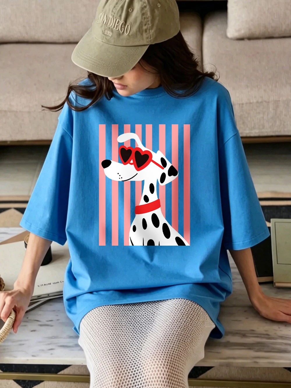 Herzförmige Sonnenbrillen Dalmatiner-Hundemotiv T-Shirts Damen Baumwolle Sommer Übergroße Oberteile O-Ausschnitt Kurzarm-T-Shirts Weiche Streetwear – Detail 27