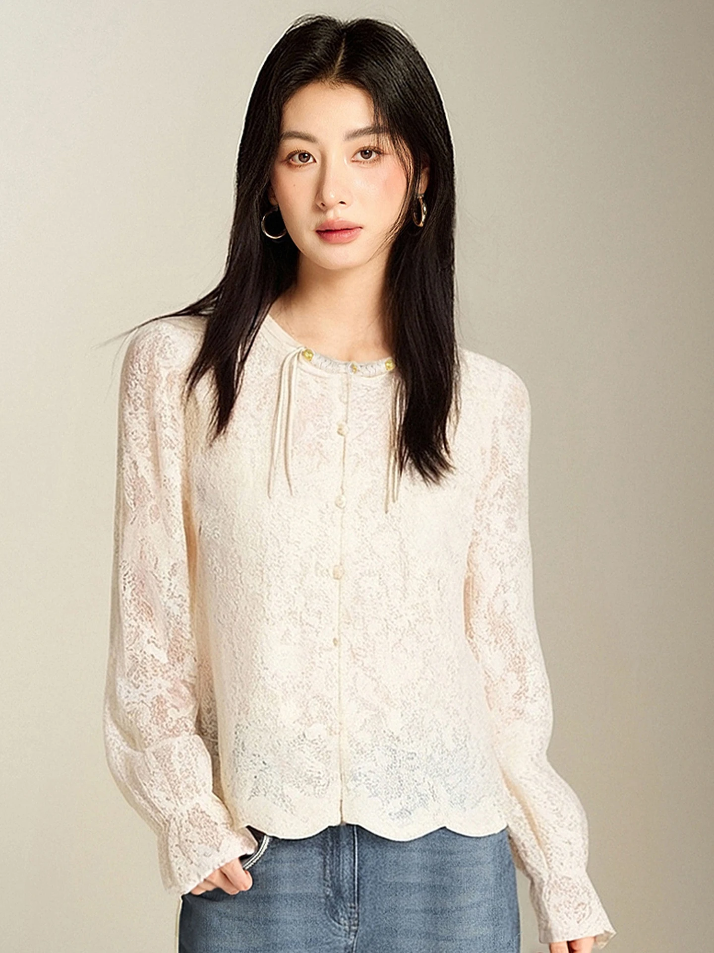

Faionable Lace irt New Design Sensation Simple Commute Women's Long Sve Top Korean Sle Straight Cut Silk Blend