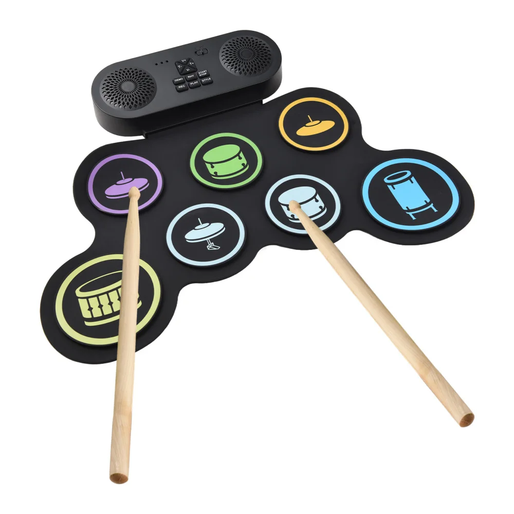 Electronic Drum Set BT Hand Roll Drum with Speaker Drumsticks Foot Pedal Rechargeable Supports Audio Input Silicone Practice Pad