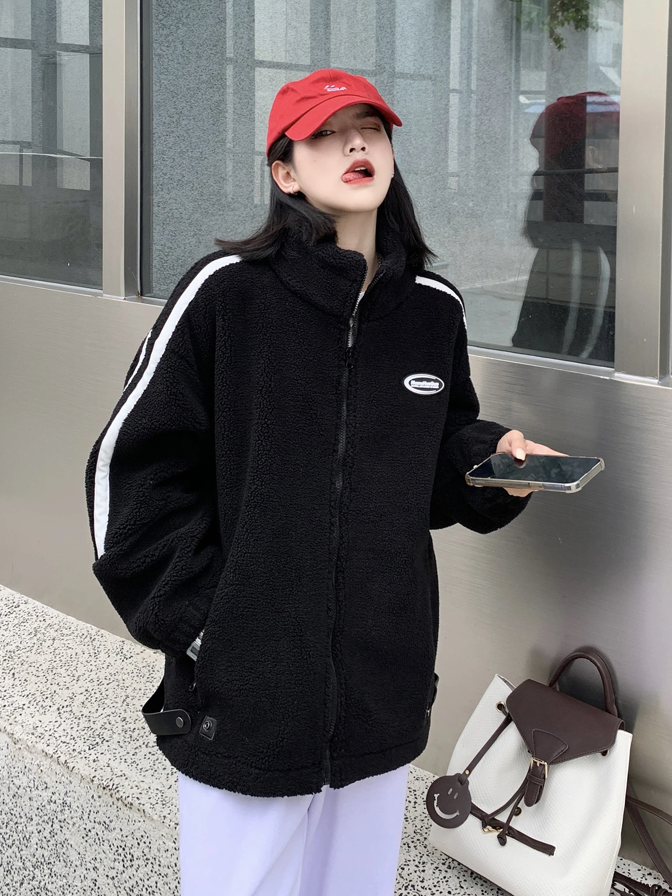 Women's Stand Collar Polar Fleece Jacket Letter Embroidery Long Sleeve Fall&Winter Artificial Fur Coats with Zip Pocket