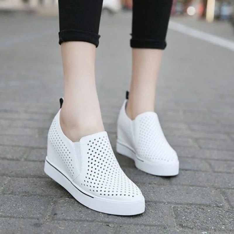 Comemore Height Sneakers Women Summer Shoes Platform Wedge White Mesh Breathable Vulcanize Shoes Slip on Solid Ladies Tennis