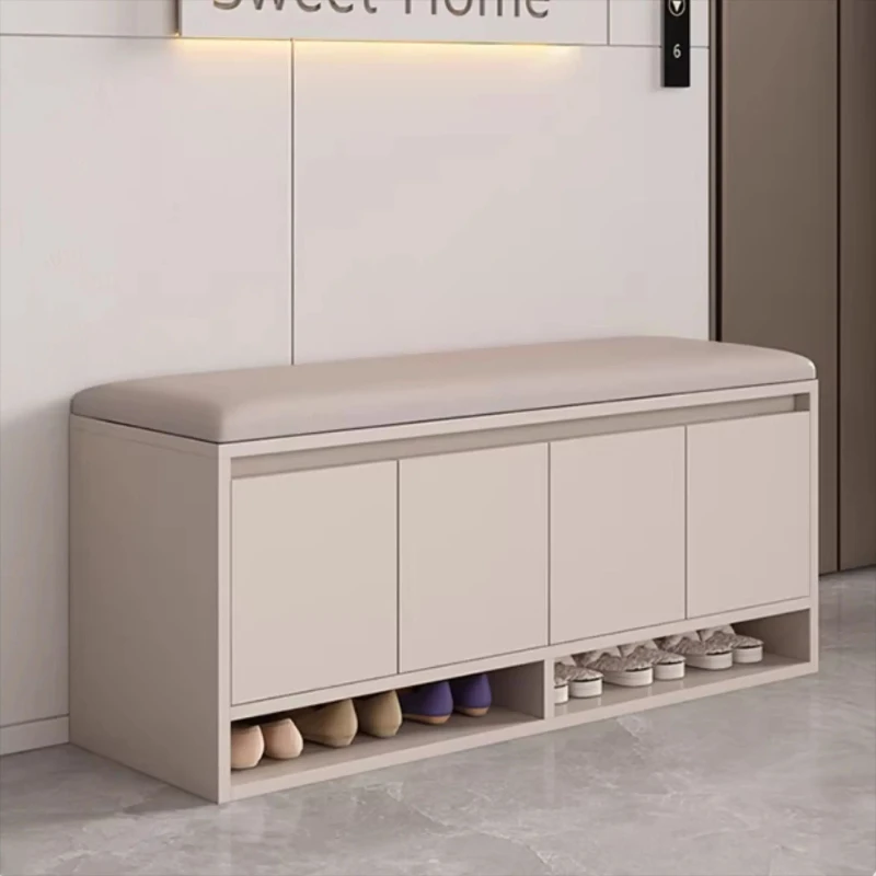Minimalist Cream Change Stool Four Hidden Storage Doors + Dual Lower Open Shoe Racks All-In-One Hallway Sitting Shoe Cabinet