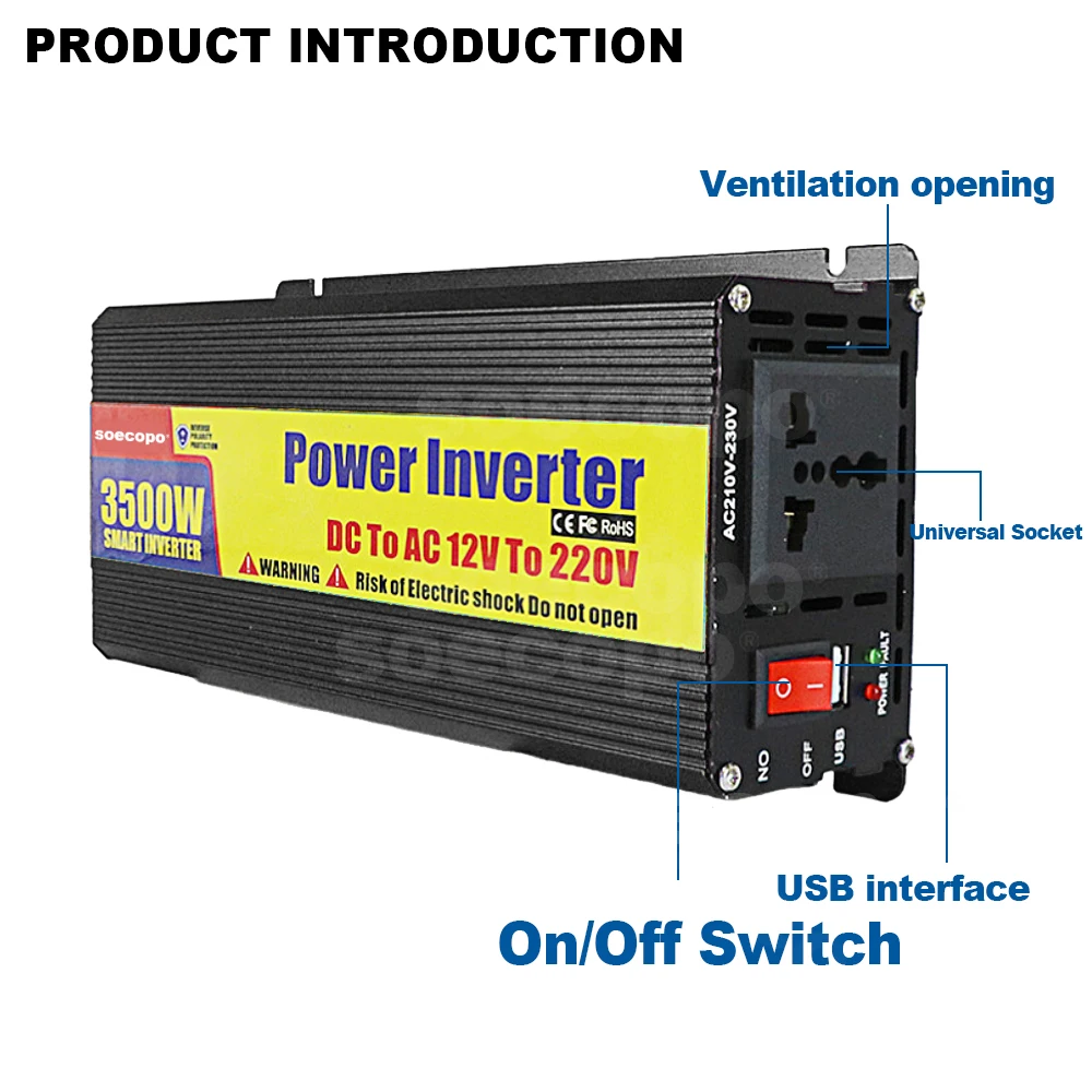 1000W-3500W Intelligent Inverter 12V 24V 48V to 110V 220V DC to AC with Single USB Interface and Alligator Clip Cable