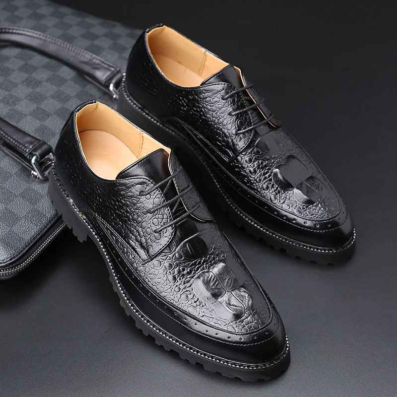 Men Business Dress Shoes British Pointed Youth Leisure Thick Soled Raised Wedding Fretwork Crocodile Leather Casual Walking