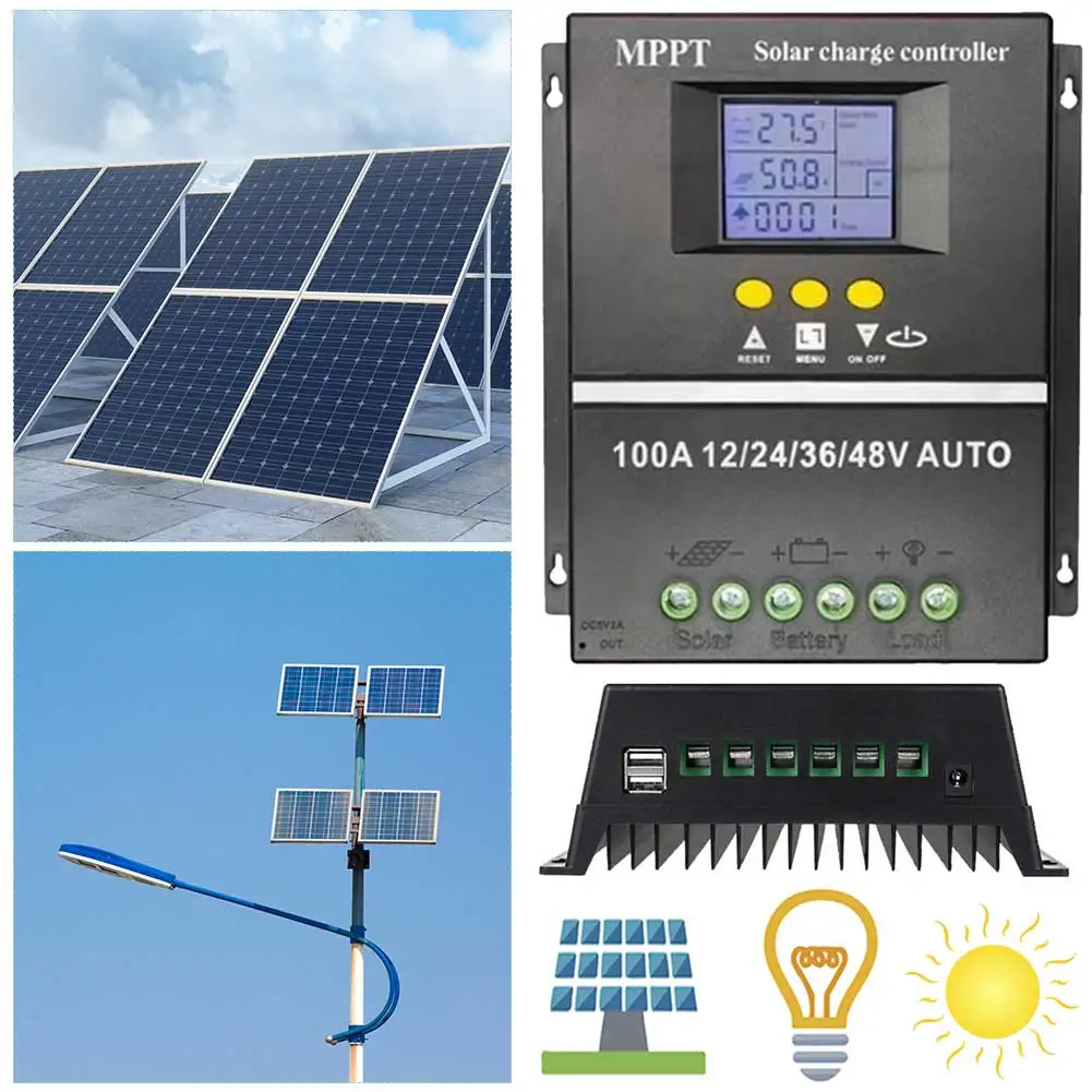 

Intelligent 100A MPPT Solar Charge Controller with Dual USB Ports for 12V 24V 36V and 48V Solar Panels
