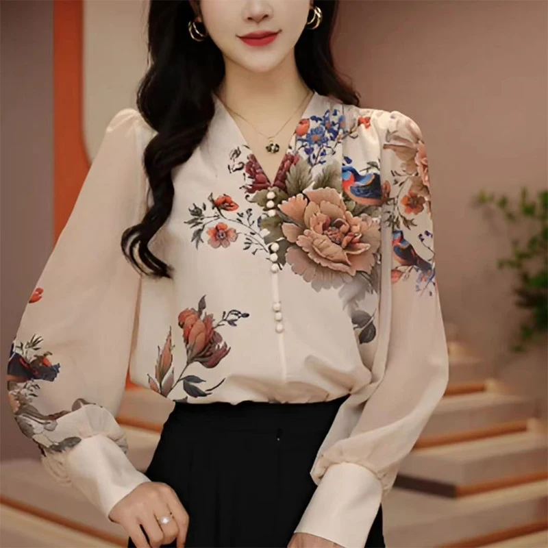 Spring Autumn V-neck Vintage Printed Long Sleeve Shirt Female Elegant Fashion All-match Pullover Blouse Womenoversized Blouse