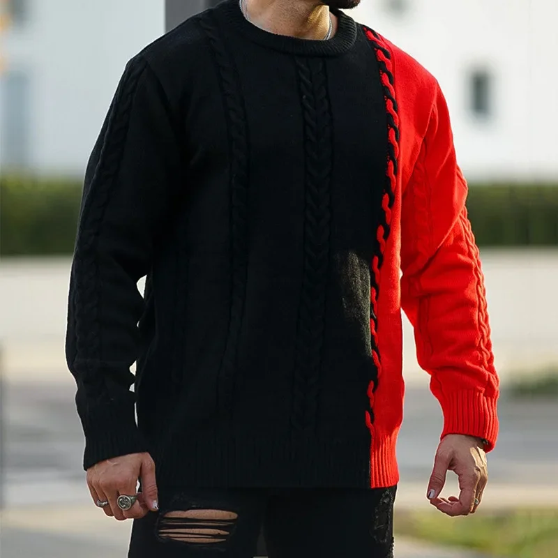 

2023 Autumn/Winter New Sweater Men's Contrast Round Neck Long Sleeve Knitted Pullover Top Fashion Sweater