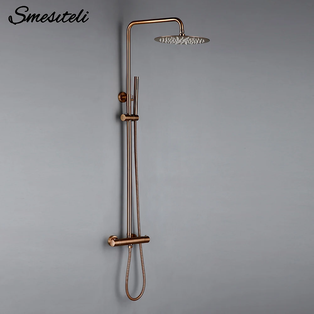 Thermostat Mixer Shower Wall Mount Bathroom Faucet Diverter With Rain Head HandShower Thermostatic Solid Brass Wholesale Premium