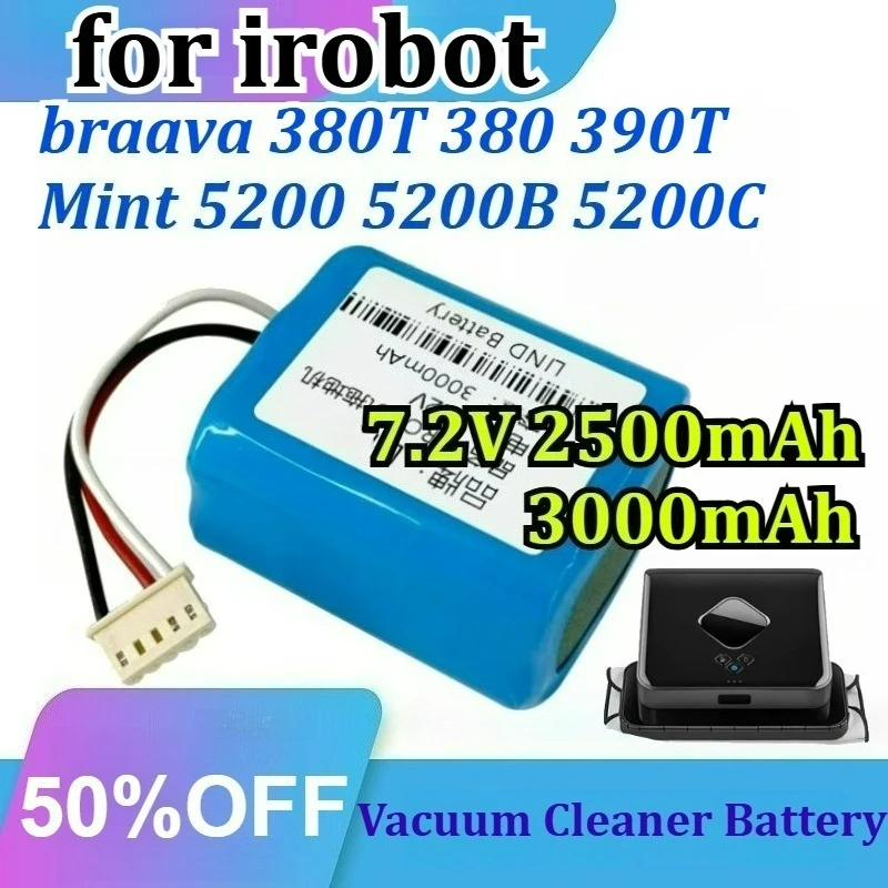 7.2V 2500mAh 3000mAh Ni-MH Battery for Irobot Braava 380T 380 390T Mint 5200 5200B 5200C Rechargeable Battery