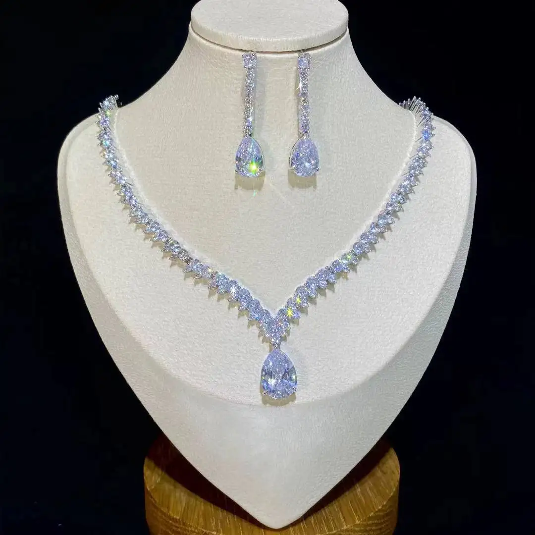 

Classic Water Drop Pendant Crystal Necklace For Women, Cubic Zirconia Bridal Wedding 2 Piece Jewelry Set X0178