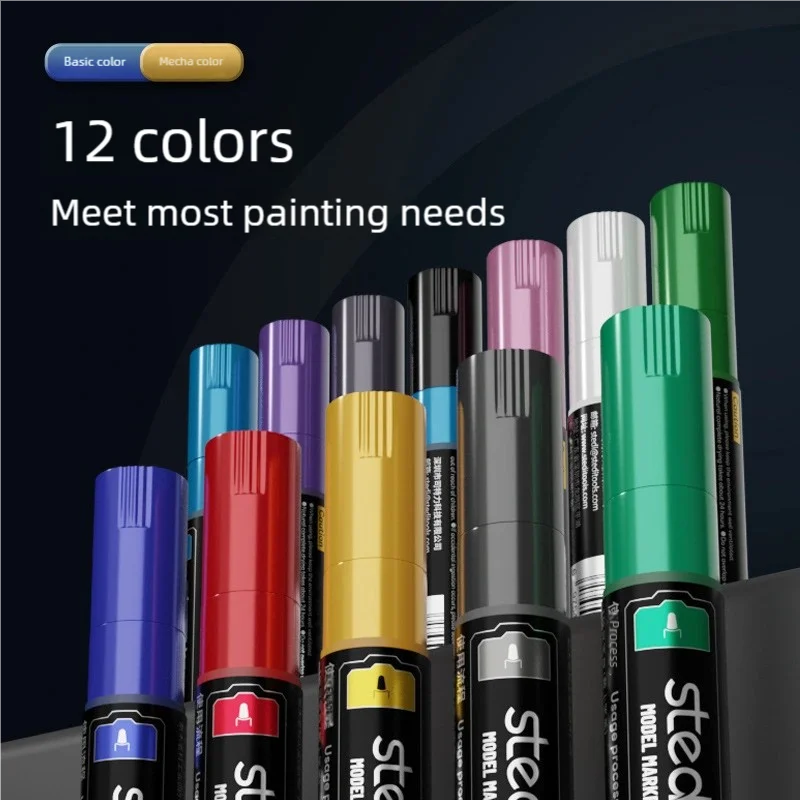 Stedi 12 Metal Colors Double Heads Marker Dual Brush Water Based Markers Pen for Model Coloring Tool Nylon Paint Coloring Pens