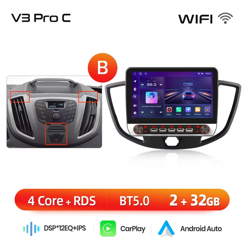 Junsun 13.1″ QLED draadloze CarPlay Android Auto autoradio voor Ford Transit Custom Tourneo 2013-2021 intelligente systemen DSP SWC