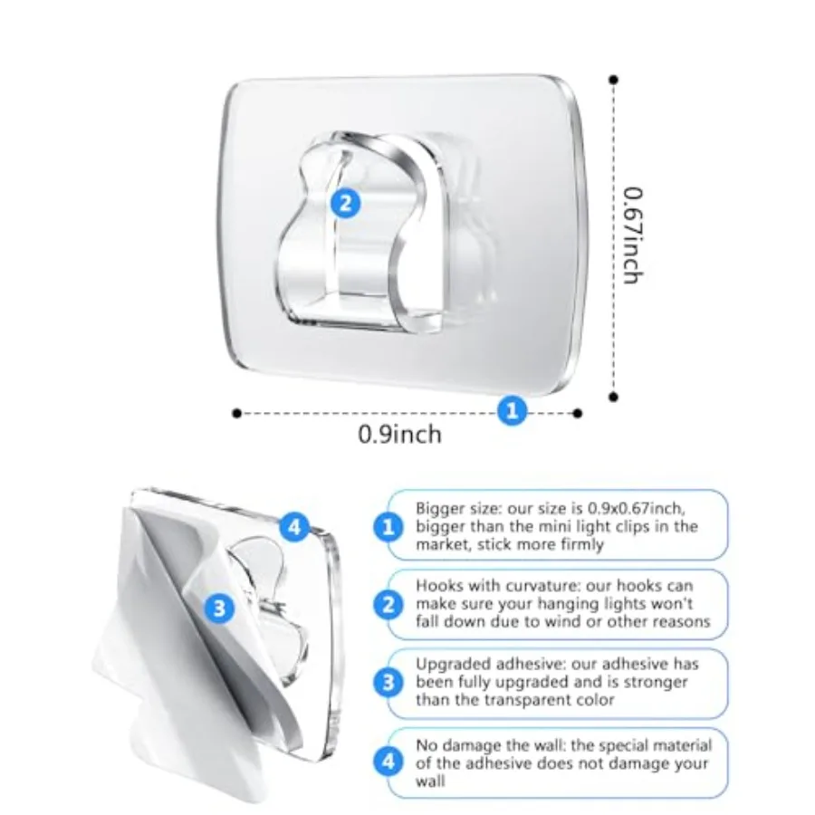 100 مشبك إضاءة صغير مع 110 شريط لاصق: خطاف حائط صغير خالٍ من الضرر الداخلي للتعليق على الشماعات البلاستيكية الشفافة بدون إضاءة