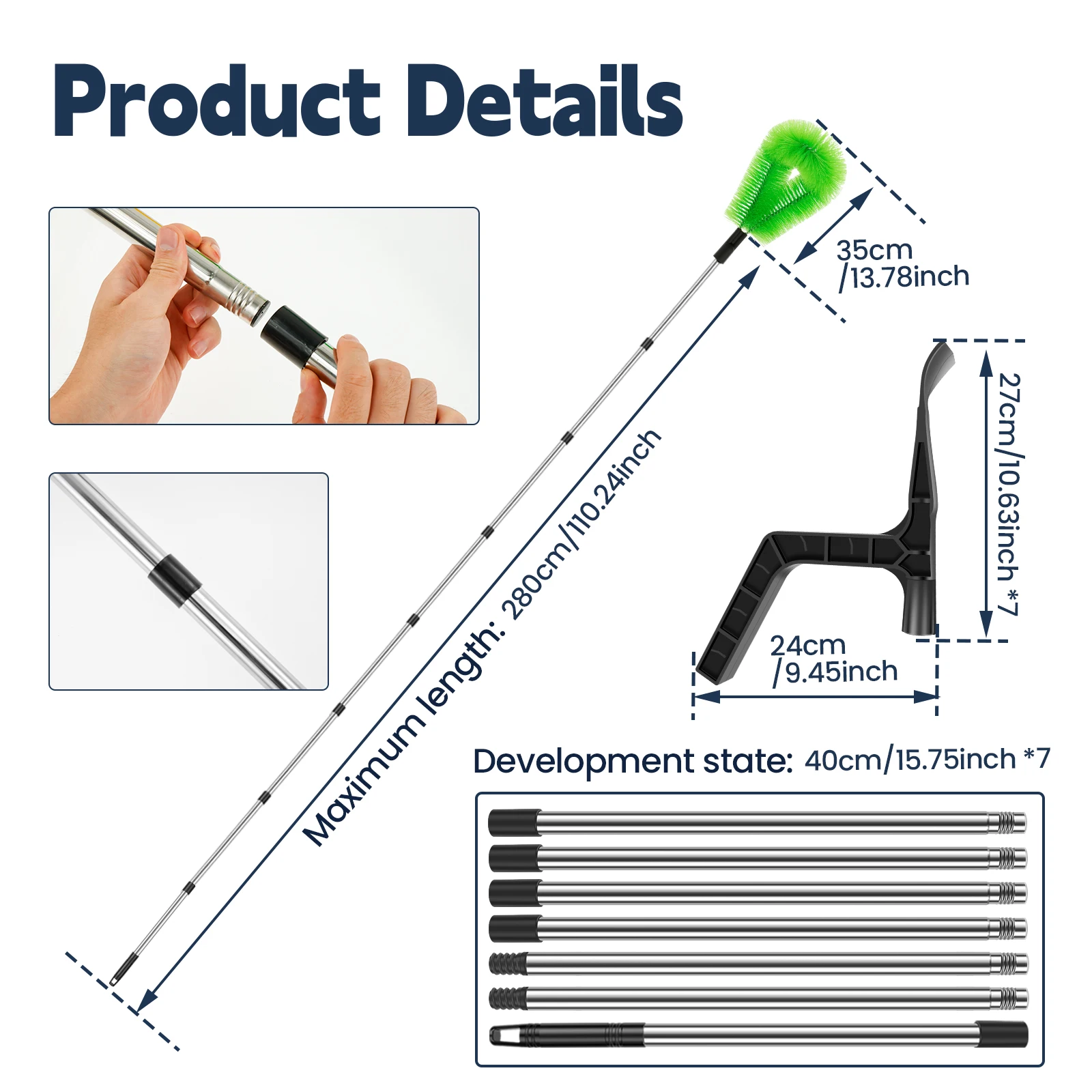 2 في 1 أدوات تنظيف المزراب 2.8 متر منظف مزراب تلسكوبي مع 7 أقسام أداة تنظيف مزراب موثوقة لتنظيف الأوراق