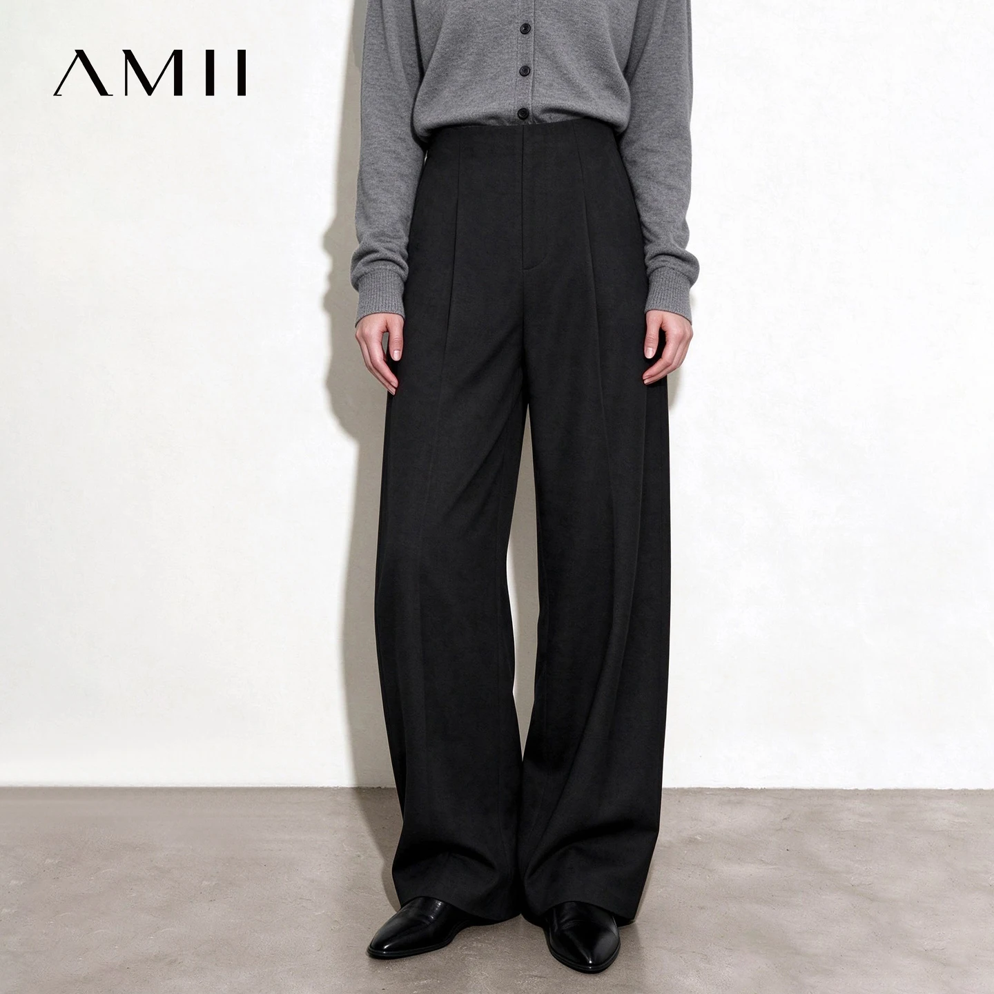 AMII Women's Casual Long Pants Double-sided Brushed TR Fabric Mid-high Waist Pleated Wide Leg Trousers Ladies Bottoms 12644041