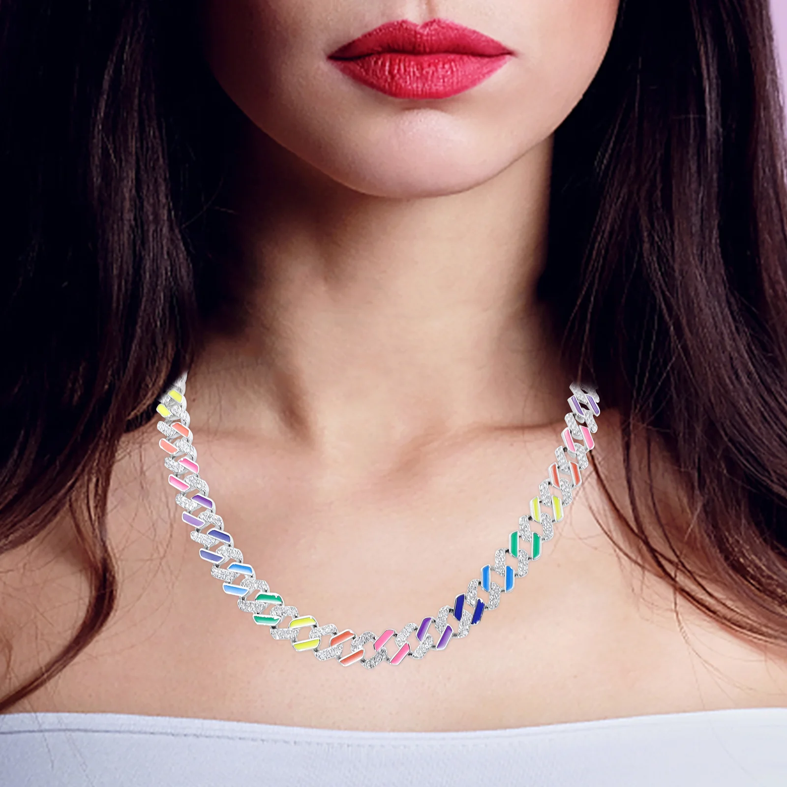 

Stylish Rainbow Rhinestone Clavicle Necklace High Quality Zinc Alloy Creative Design Elegant Women Jewelry Gift