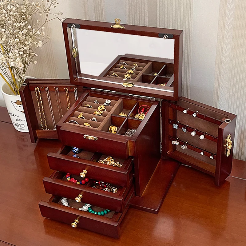 

Wood Jewelry Box Velvet Drawer Ring Necklace Bangles Jewelry Boxes Organizer Earrings Display Tray Women Accessories Storage