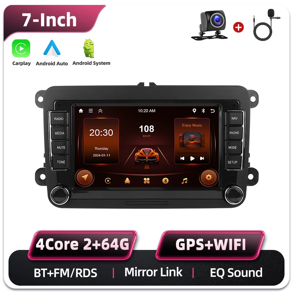 Podofo 7 Zoll 2 Din Autoradio Multimedia-Player 6+128G für Seat Altea/Toledo/Leon VW Golf/Passta/Jatta/Bora/Scirocco Skoda Fabia/Yeti/Roomster/Praktic Auto-Audiosystem Kabelloses Carplay Android Auto