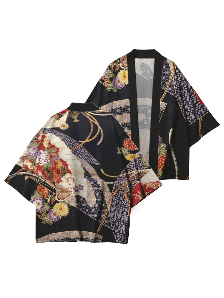 Women's Vintage Japanese Kimono Jacket Flower Folding Fan Print Pattern Japanese Cardigan Neutral Yukata Traditional Kimono