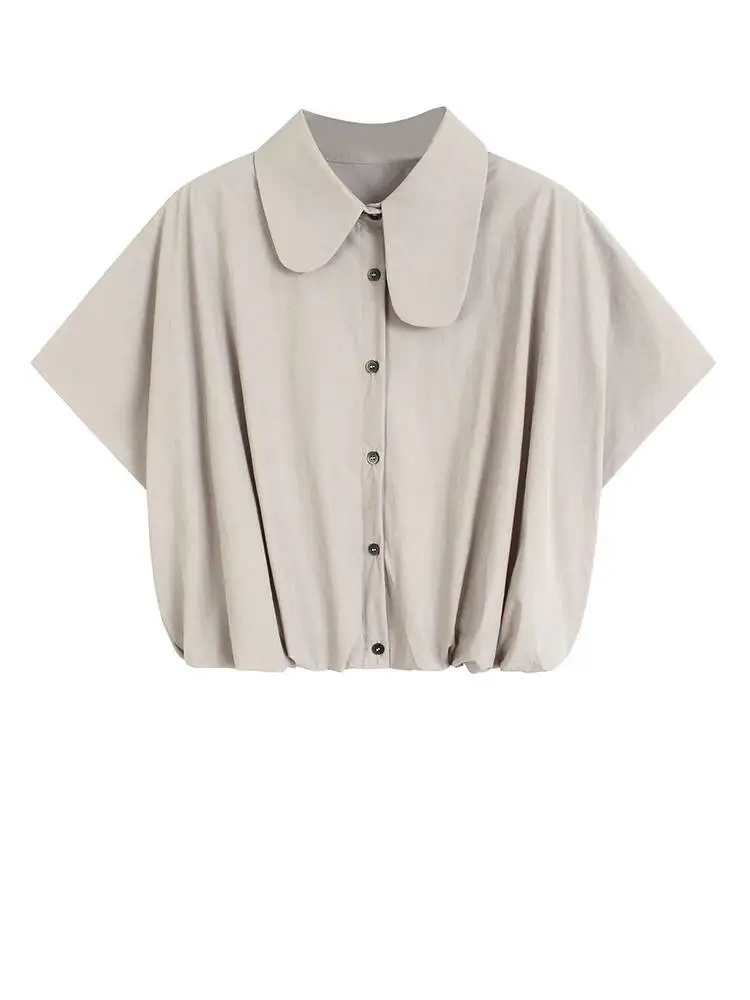 

Black Plain Women Color Pleated Big Size Blouse New Lapel Short Sleeve Shirt Fashion Spring Summer 2026 BRBX