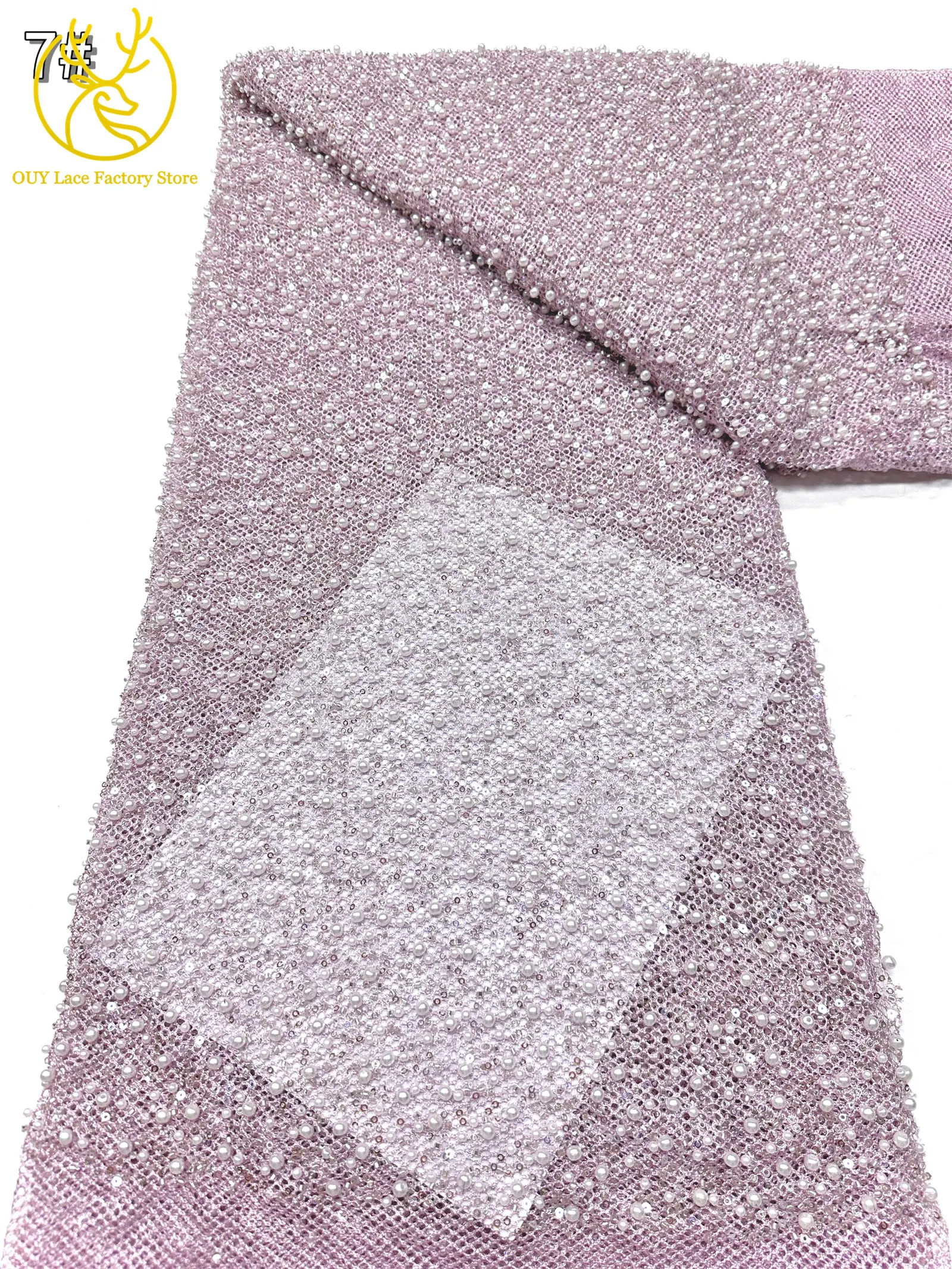 Neuer Stil Afrikanischer Perlen-Spitzenstoff Hochwertiger nigerianischer Perlen-Pailletten-Spitzenstoff Luxuriöser französischer Netzstoff zum Nähen von Hochzeitskleidern – Detail 18