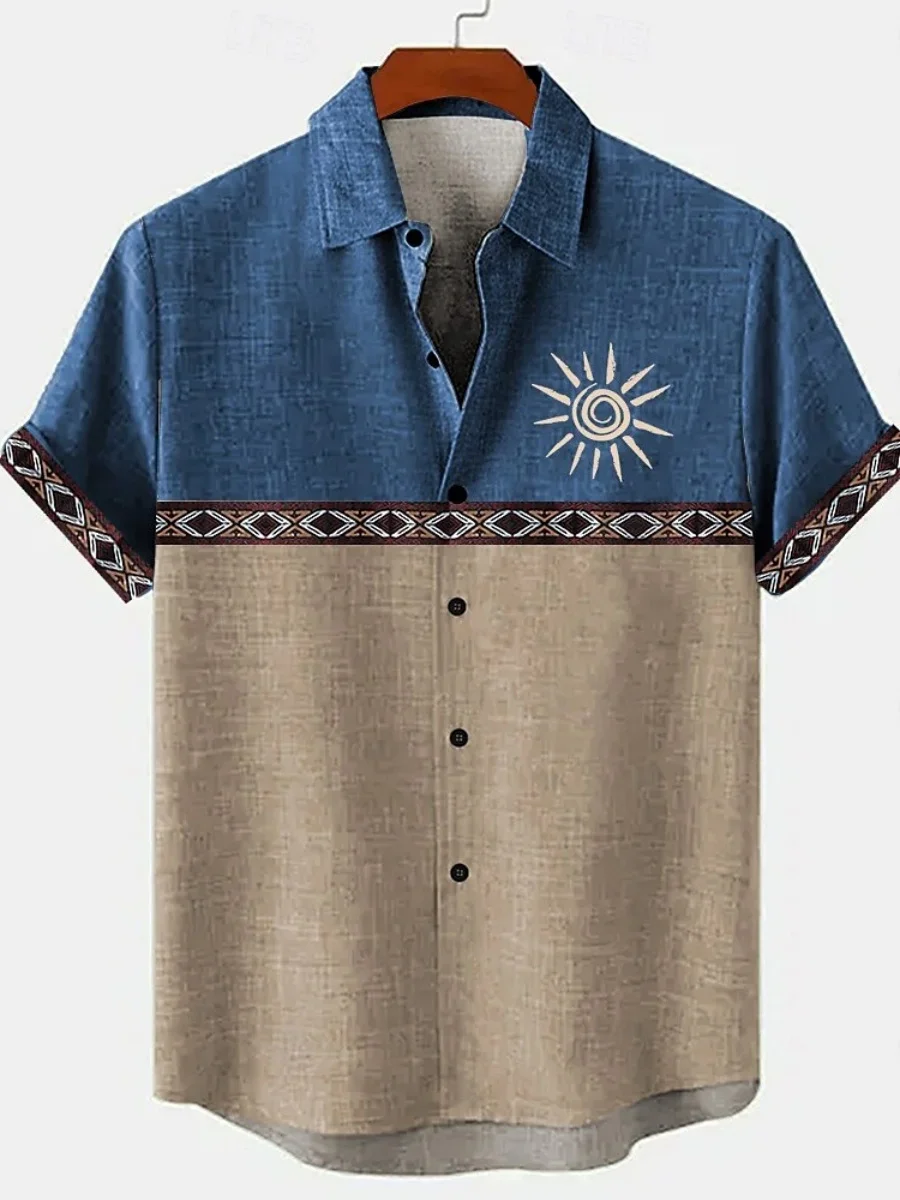 New men's ethnic retro fashion art print linen lapel shirt summer street Hawaiian style shirt