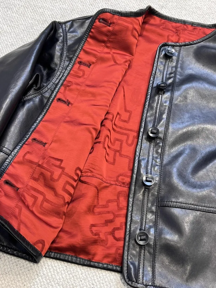 خريف جديد إمرأة س الرقبة جلد طبيعي مزدوج الوجهين يمكن ارتداؤها موضة جلد الغنم الحقيقي سترات قصيرة فضفاضة تناسب القمم ملابس خارجية