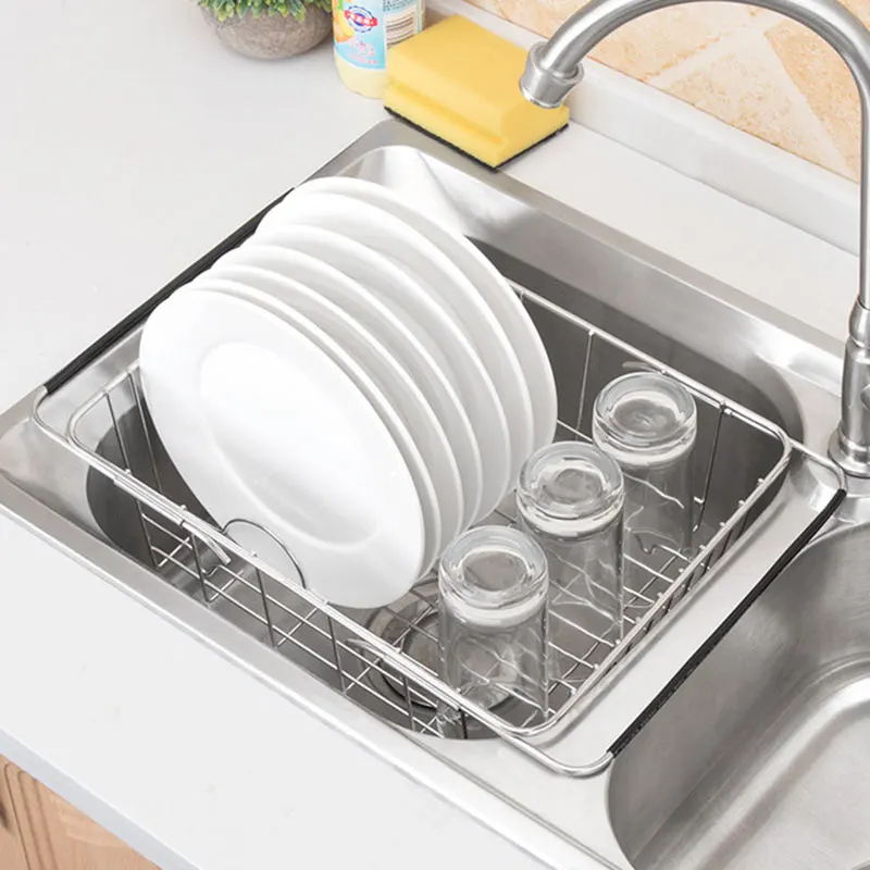 Adjustable Over Sink Dish Drying Rack Stainless Steel Kitchen Storage Basket Drain Holder Fruit Rustproof Bowl Dish Glass Rack