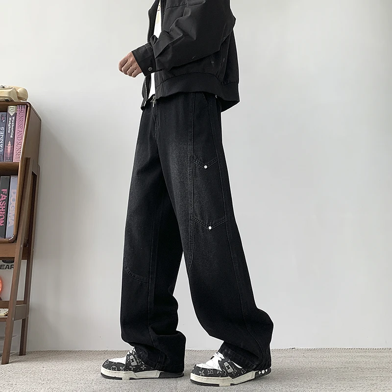 2026 American Y2K Retro Patchwork Nail Bead Jeans Men's HIP hop street Design Sense Loose Straight Leg Pants