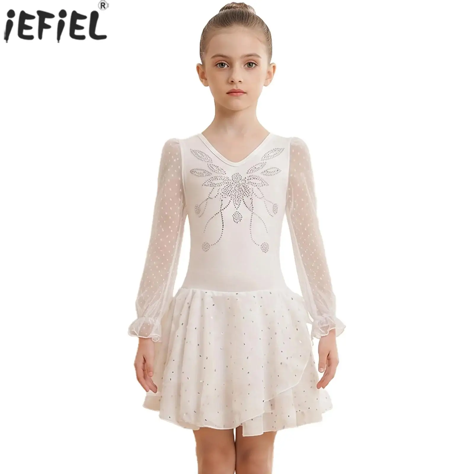Kids Girls Ballet Dance Dress V-neck Mesh Long Puff Sleeve Cross Back Shiny Rhinestone Dress Gymnastics Leotard Practice Clothes