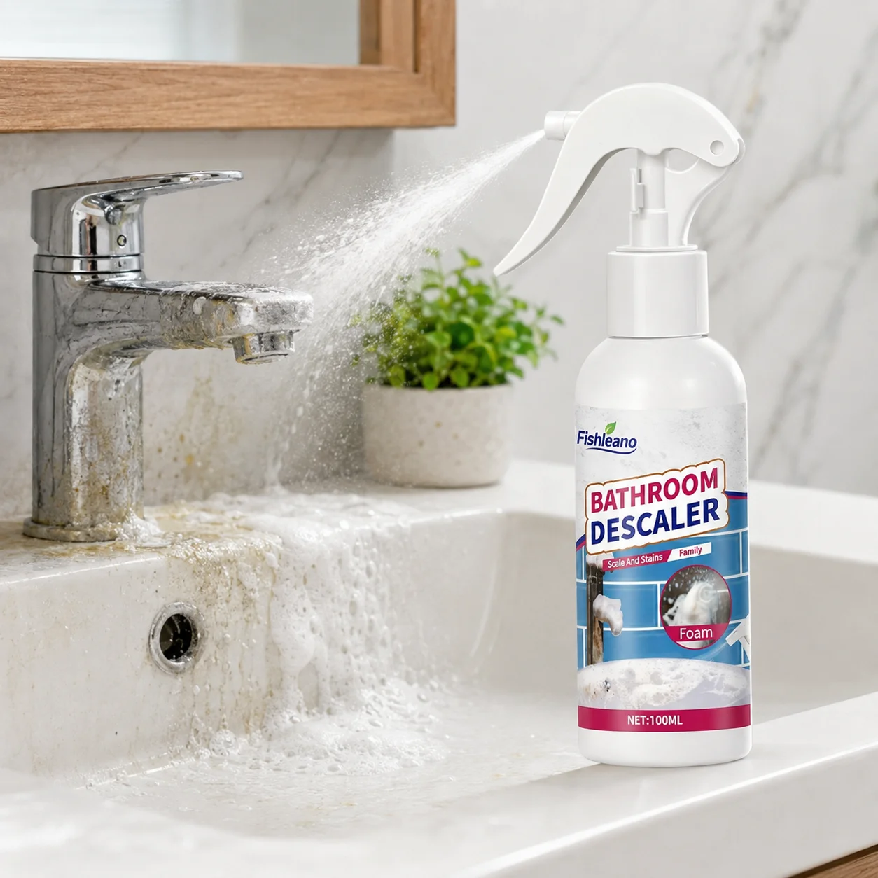 Bathroom Sink Descaler Foam Spray 100ml, Remove Limescale Rust Yellow Stains Soap Scum, Safe for Ceramic Sink Faucet Drain