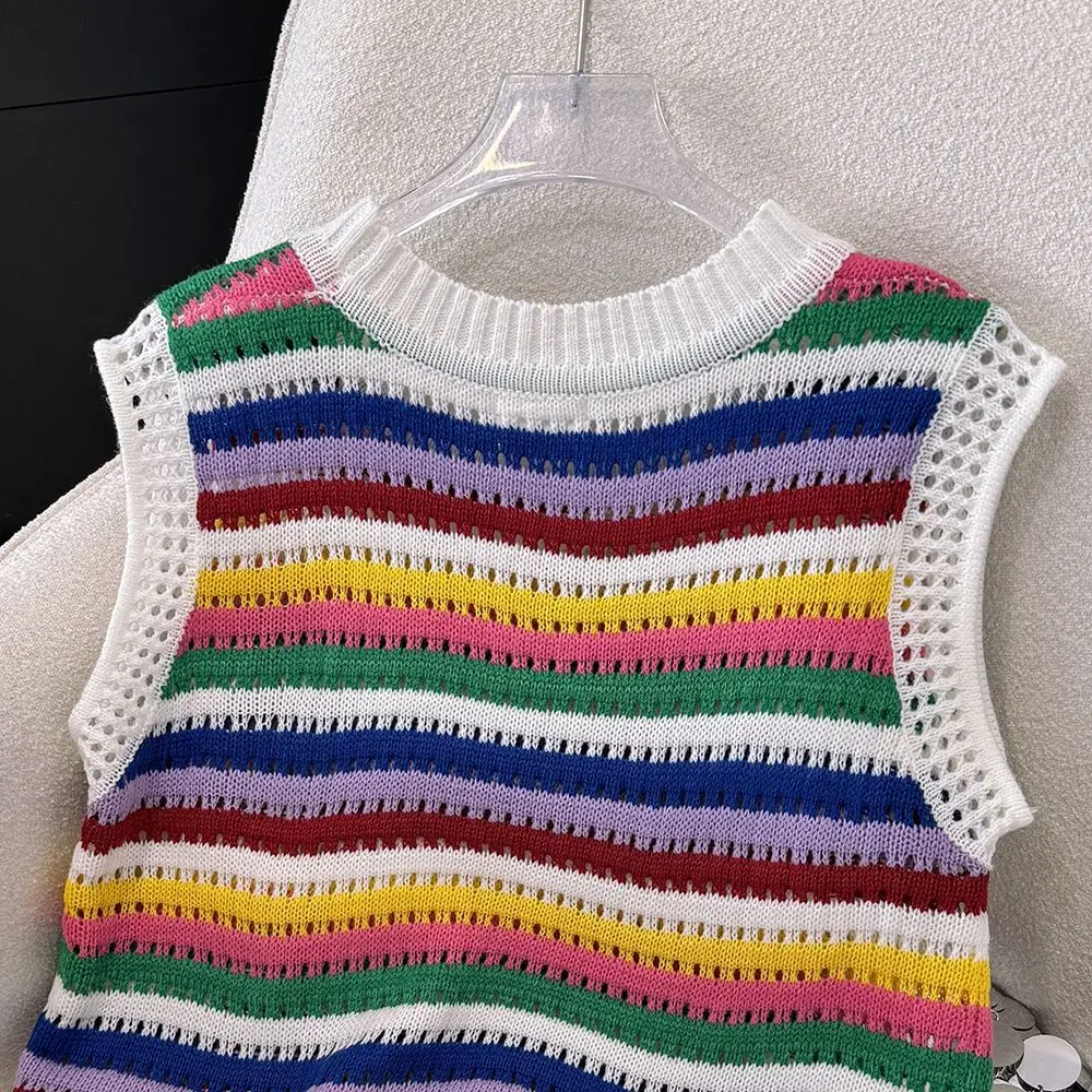 

Kimotimo Colorful Striped Knitted Vest Women Summer Hollow Out Round Neck Sleeveless Thin Pullover Casual Outerwear Y2k Sweater