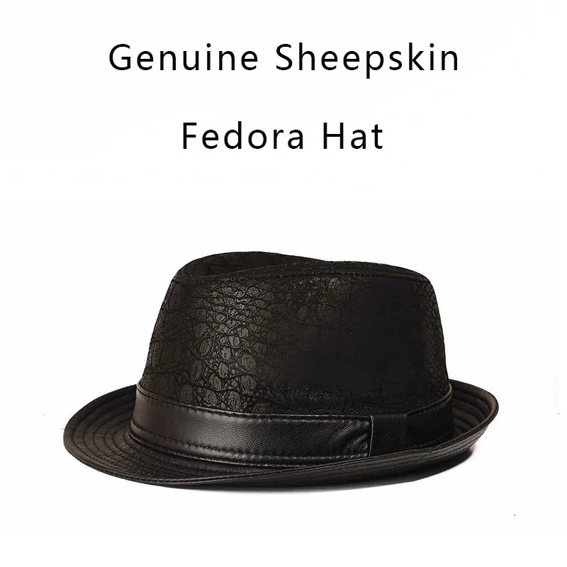 Vintage Genuine Leather Fedora Hat for Men British Gentleman Jazz Short Brim Cap Leather Belt Decor Fall Winter Party Hat