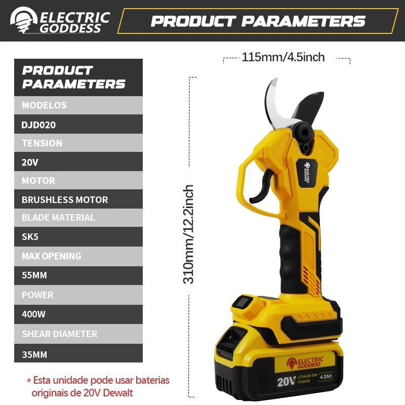 Бесщеточный электрический секатор 55 мм для Dewalt, аккумулятор 20 В, аккумуляторные фруктовые деревья, бонсай, резак для обрезки ветвей, электрические ножницы
