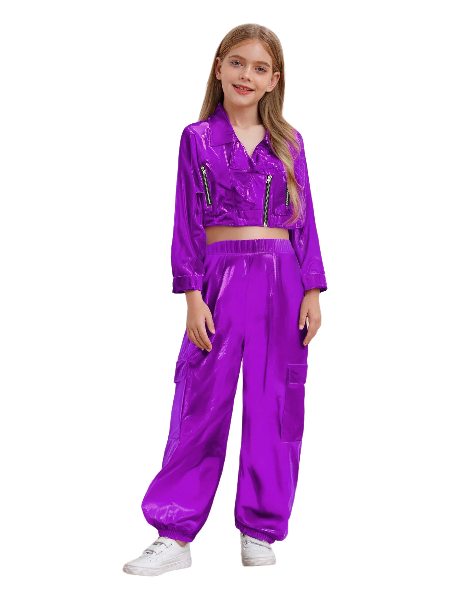 ユニセックスキッズジャズダンス衣装ジッパーメタリックヒップホップジャケットターンダウンカラー長袖トップ+光沢のあるパンツダンスパフォーマンス用