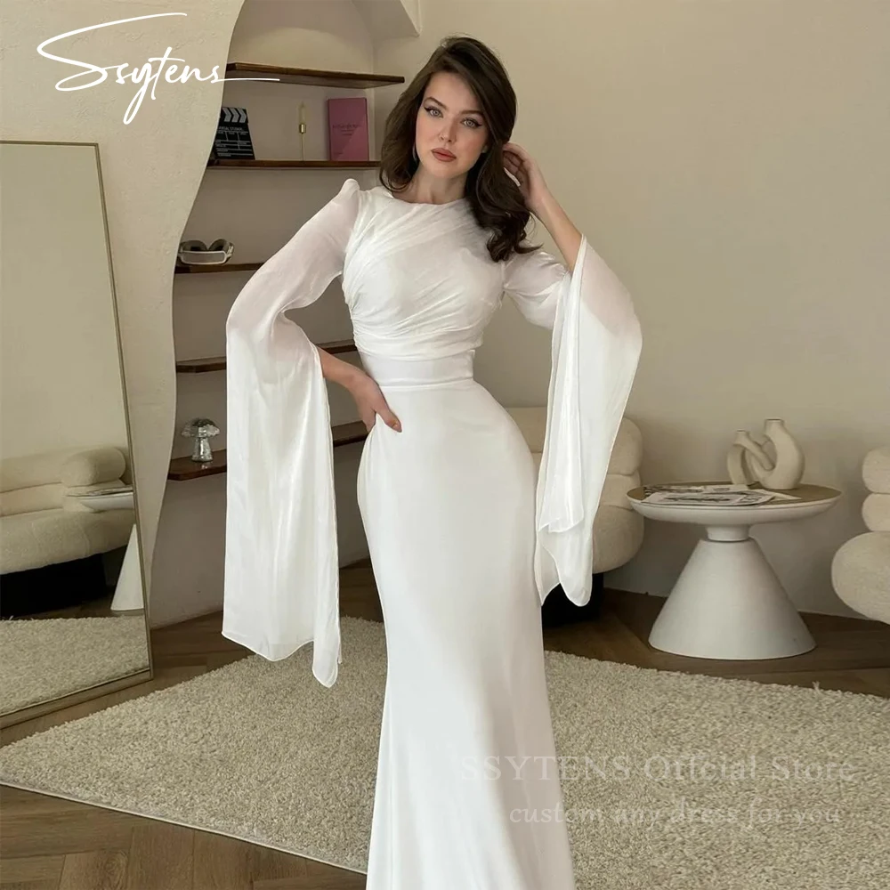 

SSYTENS Elegant Long Chiffon Wedding Evening Dresses Long Cape Sleeves Formal Prom Dresses Mermaid Event Occasion Prom Gowns