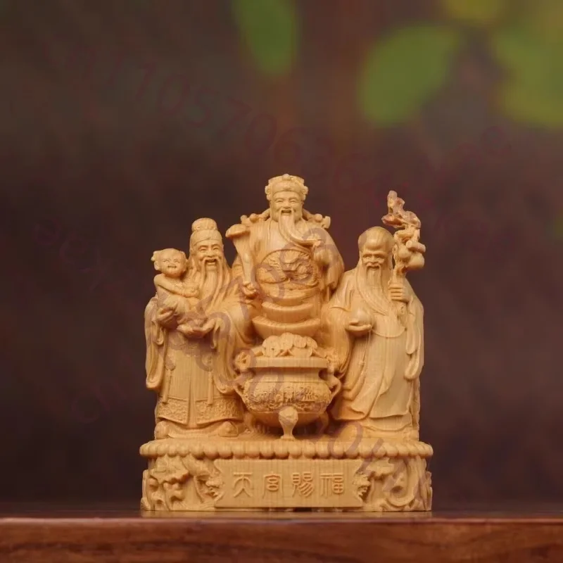 Hand Carved Hinoki Wood Fu Lu Shou Gods Set of 3 Figurine - Prosperity Wealth Longevity Ornament Home Office Desk Decor Gift