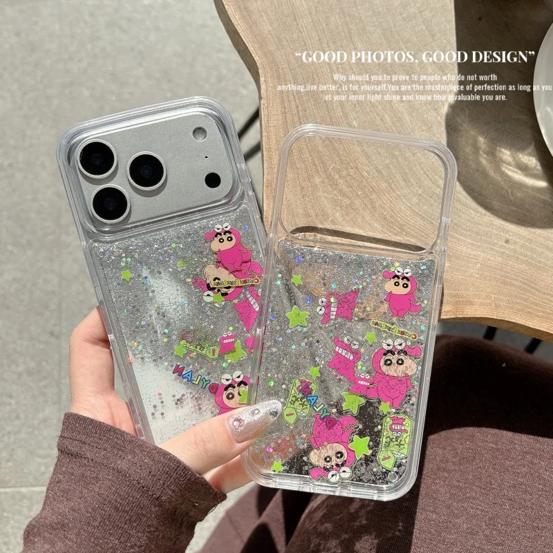 

Cute Cartoon Crayon Shin-chan dinosaur Glitter quicksand Sparkling Phone Case for iPhone 13 14 15 16 17 Pro Max Cover﻿﻿﻿﻿﻿